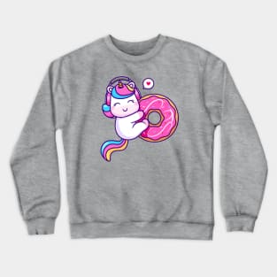 Cute Unicorn Hug Donut With Headphone Cartoon Crewneck Sweatshirt